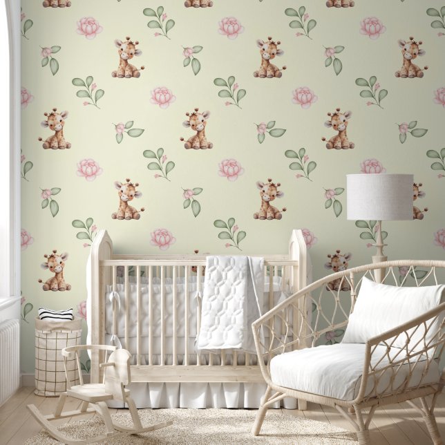 Safari Animals Giraffe Pink Floral Baby Girl  Wallpaper (Kids)