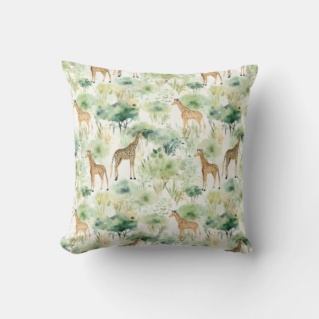 Safari Animals - Giraffes Watercolor Green Beige Cushion (Front)