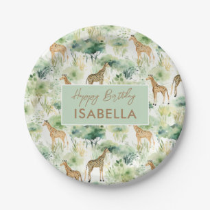 Safari Animals - Giraffes Watercolor Green Beige Paper Plate