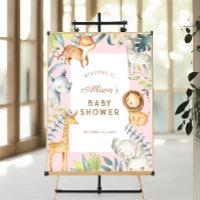 Safari animals girl baby shower welcome sign