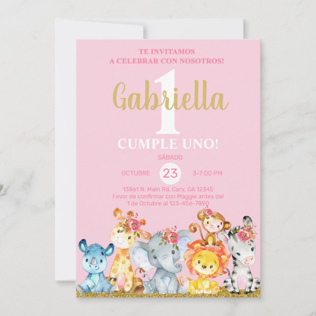 Safari animals girl birthday invite, pink any age. invitation (Front)