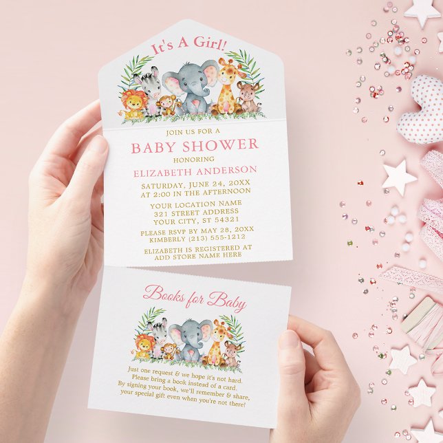 Safari Animals Girl Pink Baby Shower and Books All In One Invitation (All In One Baby Shower Invitation with Books for Baby tear off card.)