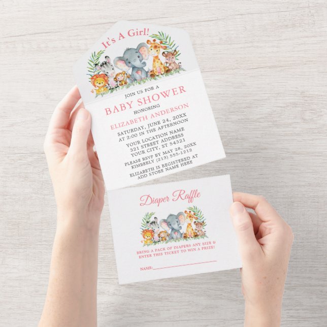 Safari Animals Girl Pink Baby Shower and Raffle All In One Invitation (Tearaway)
