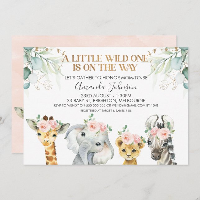 Safari Animals Gold Foliage Baby Shower Invitation (Front/Back)