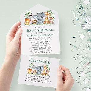Safari Animals Green Baby Shower and Books All In One Invitation