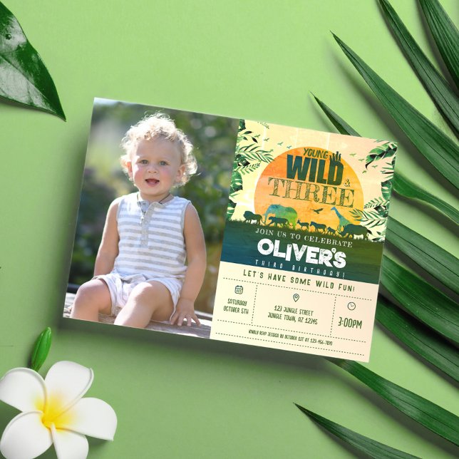 Safari Animals Green Young Wild & 3 Photo Birthday Invitation (Creator Uploaded)