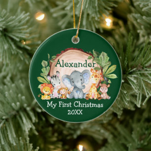 Safari Animals Greenery Baby My First Christmas Ceramic Ornament