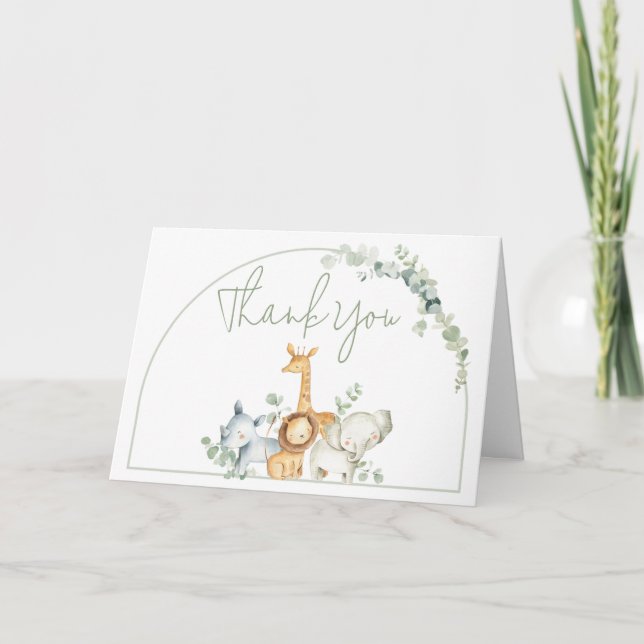 Safari Animals Greenery Baby Shower  Thank You Card (Front)