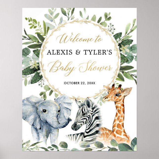Safari animals greenery baby shower welcome sign (Front)