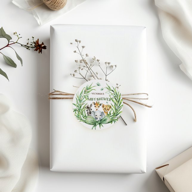 Safari Animals Greenery Bow Baby Shower Classic Round Sticker (Creator Uploaded)