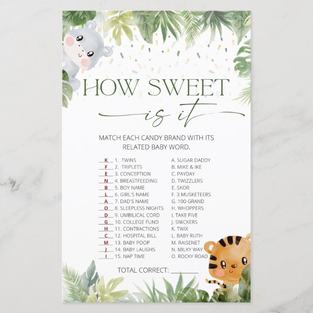 Safari Animals How Sweet Is It Baby Shower Game (Front)