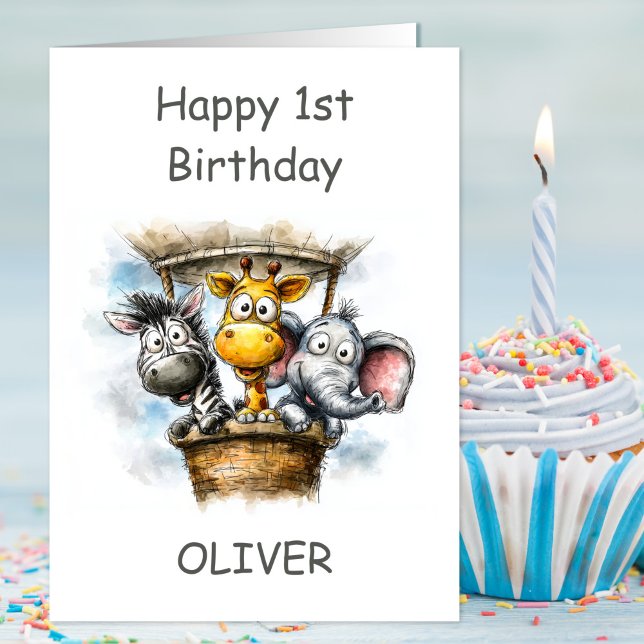 Safari Animals in Hot Air Balloon 1st Birthday Card (Creator Uploaded)