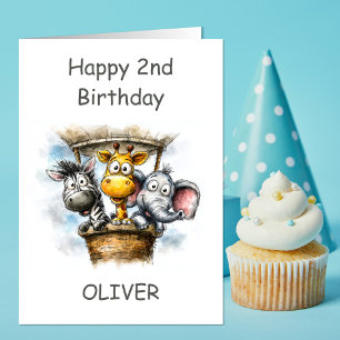 Safari Animals in Hot Air Balloon 2nd Birthday Card