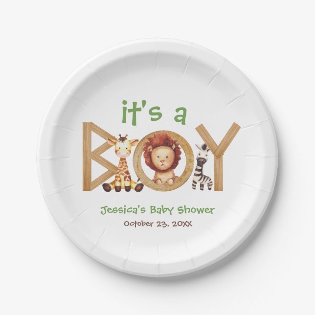 Safari Animals It's a Boy Wood Baby Shower Paper Plate (Front)