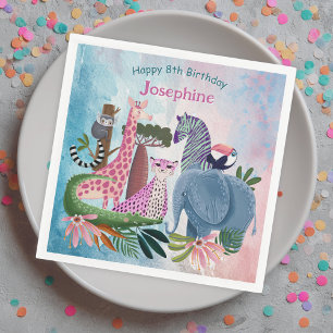 Safari animals jungle birthday watercolor girl napkin