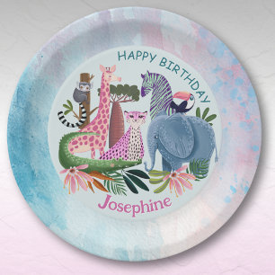 Safari animals jungle birthday watercolor girl paper plate