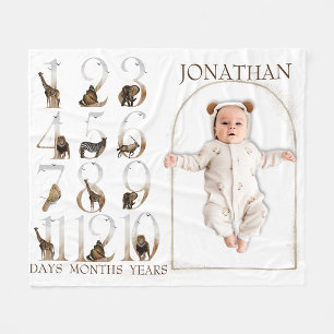 Safari Animals Jungle Numbers Milestone Age  Fleece Blanket