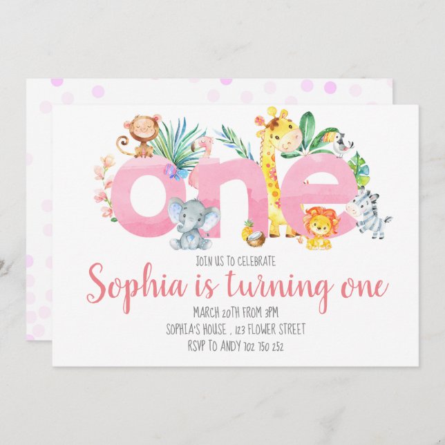 Safari Animals Jungle Pink Girl 1st First Birthday Invitation (Front/Back)
