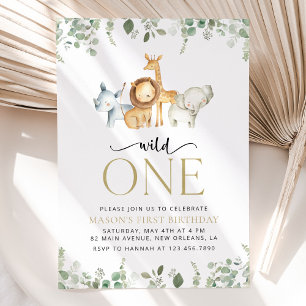 Safari Animals, Jungle, Wild One, First Birthday Invitation