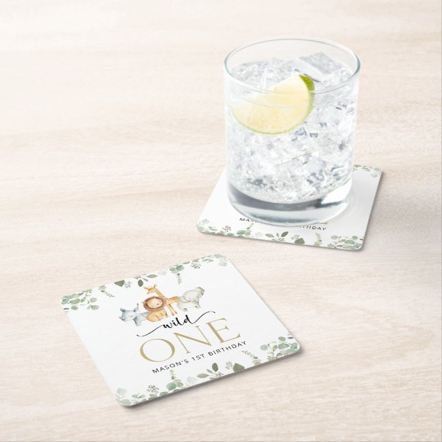 Safari Animals, Jungle, Wild One, First Birthday Square Paper Coaster (Insitu)