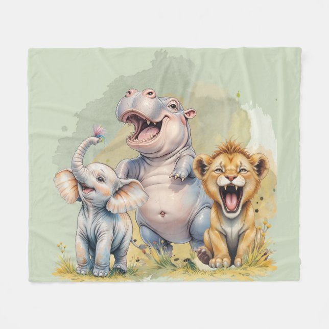 Safari Animals Lion Hippo Elephant Fleece Blanket (Front (Horizontal))