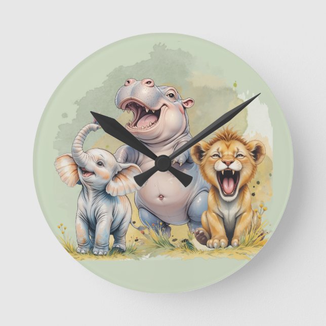 Safari Animals Lion Hippo Elephant Round Clock (Front)