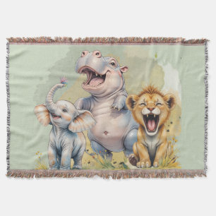 Safari Animals Lion Hippo Elephant Throw Blanket