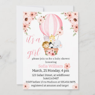 safari animals on hot air balloon baby girl shower invitation