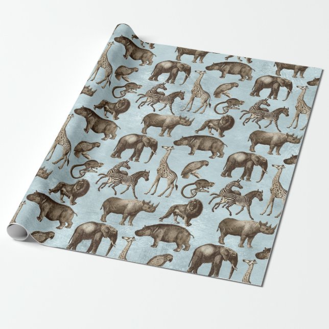 Safari Animals on Light Blue Wrapping Paper (Unrolled)