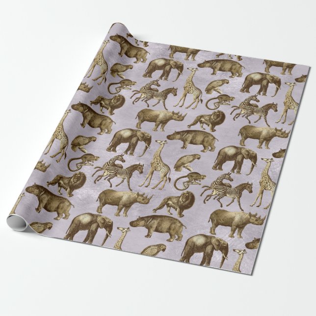 Safari Animals on Light Purple Wrapping Paper (Unrolled)