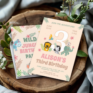 Safari Animals Pastel Third Birthday Invitation