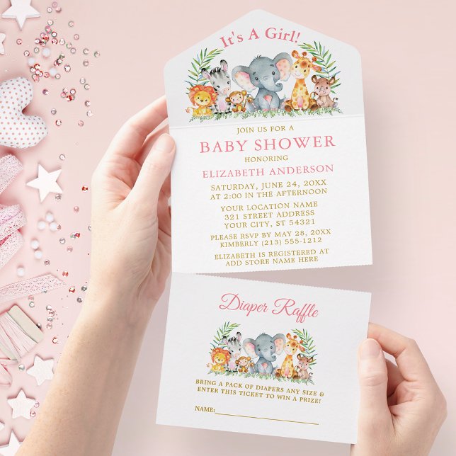 Safari Animals Pink Baby Shower and Raffle Gold All In One Invitation (All In One Baby Shower Invitation with Diaper Raffle tear off card.)