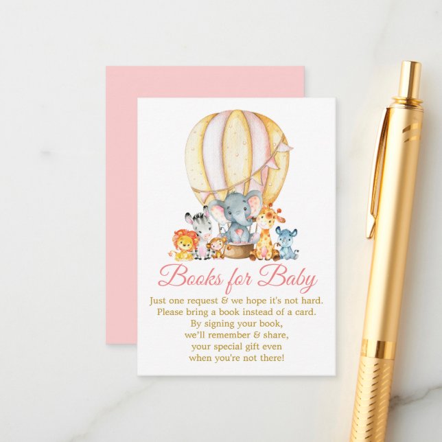 Safari Animals Pink Balloon Books For Baby Shower Enclosure Card (Front/Back In Situ)