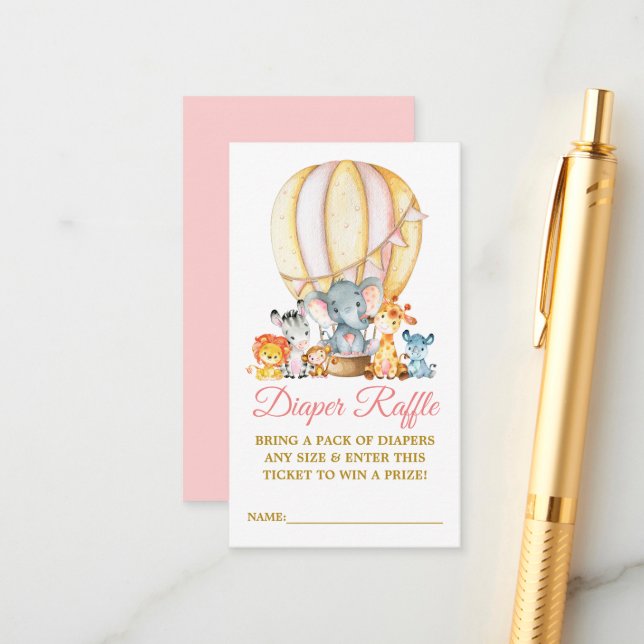 Safari Animals Pink Balloon Diaper Raffle Shower Enclosure Card (Front/Back In Situ)