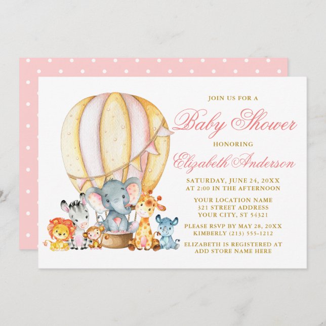 Safari Animals Pink Balloon Dots Baby Shower Invitation (Front/Back)