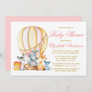 Safari Animals Pink Bow Air Balloon Baby Shower Invitation