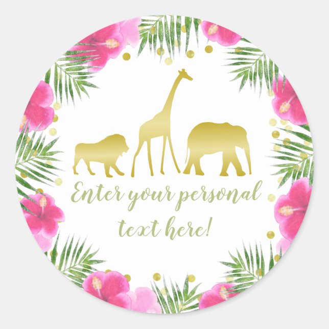 Safari Animals Pink & Gold Baby Shower Classic Round Sticker (Front)