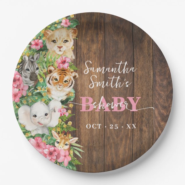 Safari Animals Pink Rustic Baby Shower  Paper Plate (Front)