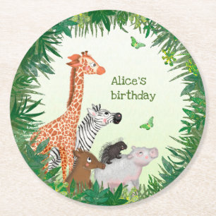 Safari animals round birthday party paper coaster