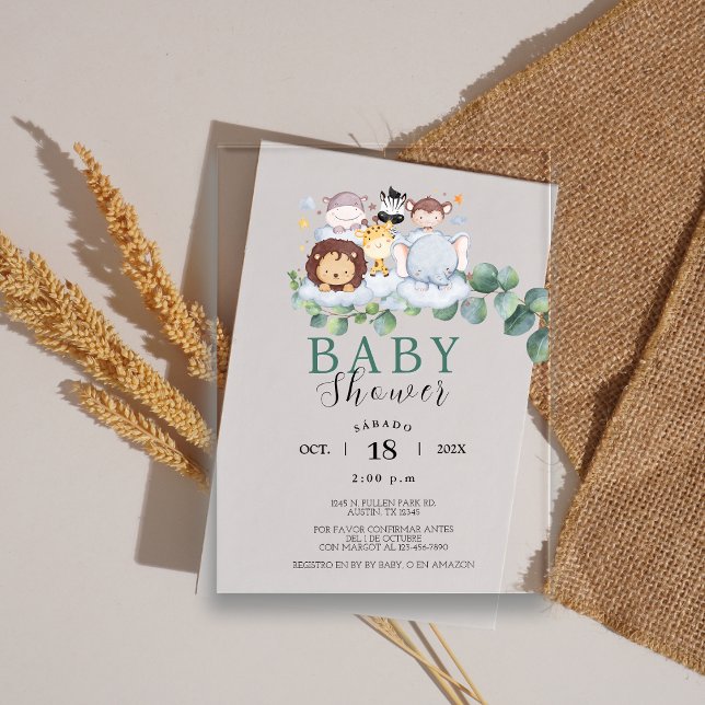 Safari Animals Spanish Baby Shower Jungle Acrylic Invitations (Safari Animals Spanish Baby Shower Jungle Acrylic Invitations)