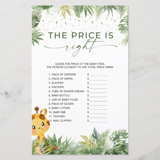Safari Animals The Right Price Baby Shower Game (Front)