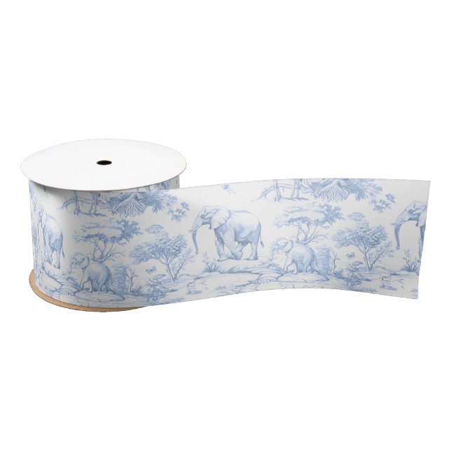 Safari Animals Toile de Jouy Blue Satin Ribbon (Spool)