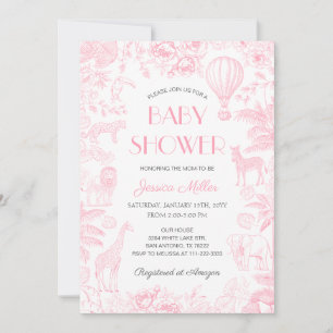 Safari Animals Toile De Jouy Girl Baby Shower Invitation