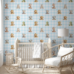 Safari Animals Toys Blue Plaid Baby Boy Nursery  Wallpaper