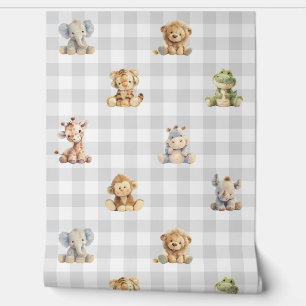 Safari Animals Toys Grey Plaid Baby Boy Nursery  Wallpaper