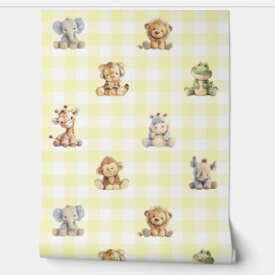 Safari Animals Toys Yellow Plaid Baby Nursery Wallpaper
