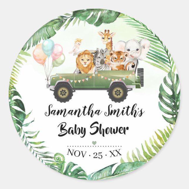 Safari Animals Tropical Baby Shower Round Sticker (Front)