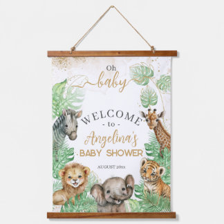 Safari animals Tropical greenery Baby Shower Hanging Tapestry