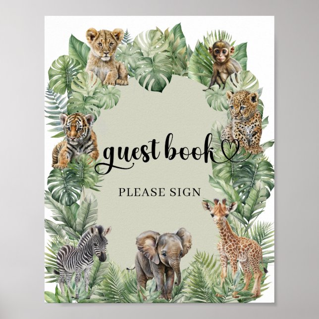 Safari animals Tropical greenery guest book sign (Front)