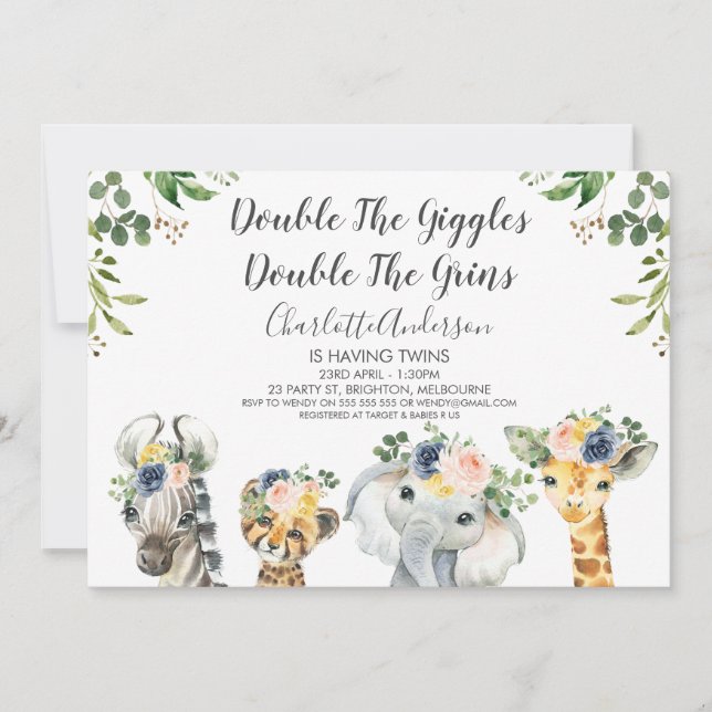 Safari Animals Twins Baby Shower Invitation (Front)